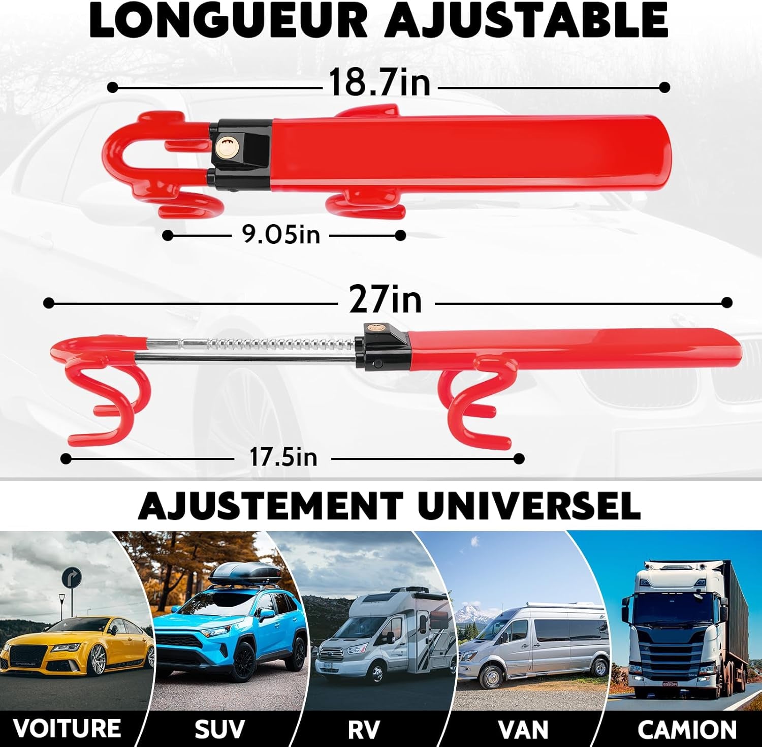 Antivol Voiture, Canne Antivol Voiture, Antivol Volant Voiture, Barre Sécurité Véhicule, Haute Visibilité, Robuste, Ajustement Universel, 3 Clés(Rouge)