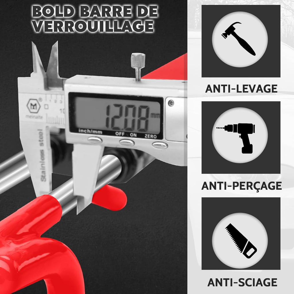 Antivol Voiture, Canne Antivol Voiture, Antivol Volant Voiture, Barre Sécurité Véhicule, Haute Visibilité, Robuste, Ajustement Universel, 3 Clés(Rouge)