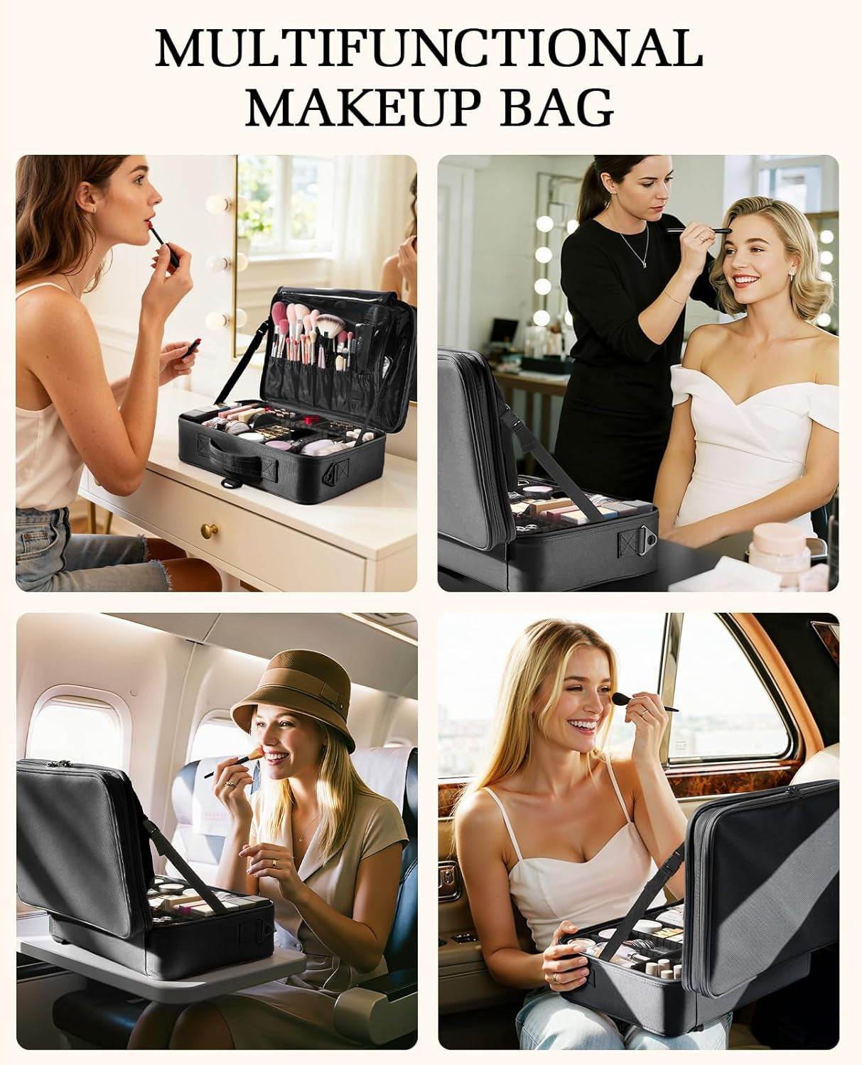 Malette Maquillage, Trousse Maquillage Femme Avec Trois Étages，Portable Avec Miroir Valise Maquillage, Sac De Toilette Pour Femme Avec Compartiment Réglable - Noir