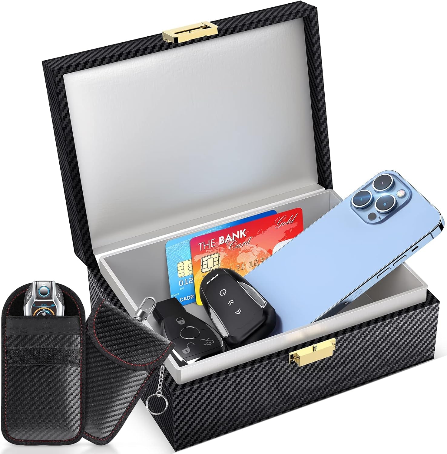 Boîte anti RFID Clé Voiture Ensemble Avec Etui RFID, Boitier Blocage Signal RFID Protection De Sécurité Clé Télécommande Voiture Keyless Go Contre Piratage À Distance Noir (Noir L)