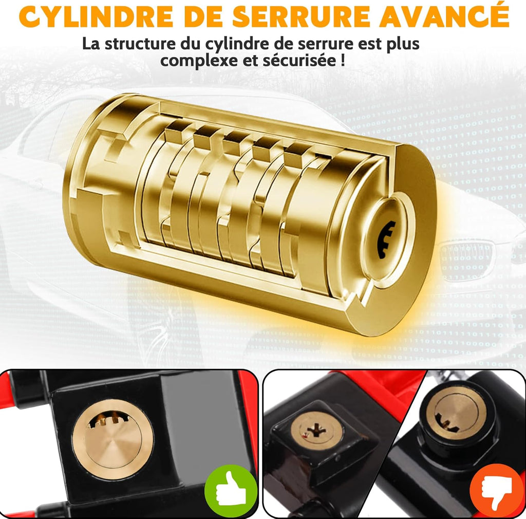 Antivol Voiture, Canne Antivol Voiture, Antivol Volant Voiture, Barre Sécurité Véhicule, Haute Visibilité, Robuste, Ajustement Universel, 3 Clés(Rouge)