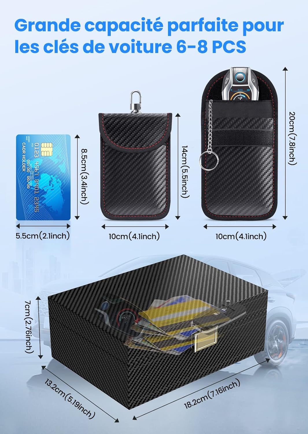 Boîte anti RFID Clé Voiture Ensemble Avec Etui RFID, Boitier Blocage Signal RFID Protection De Sécurité Clé Télécommande Voiture Keyless Go Contre Piratage À Distance Noir (Noir L)