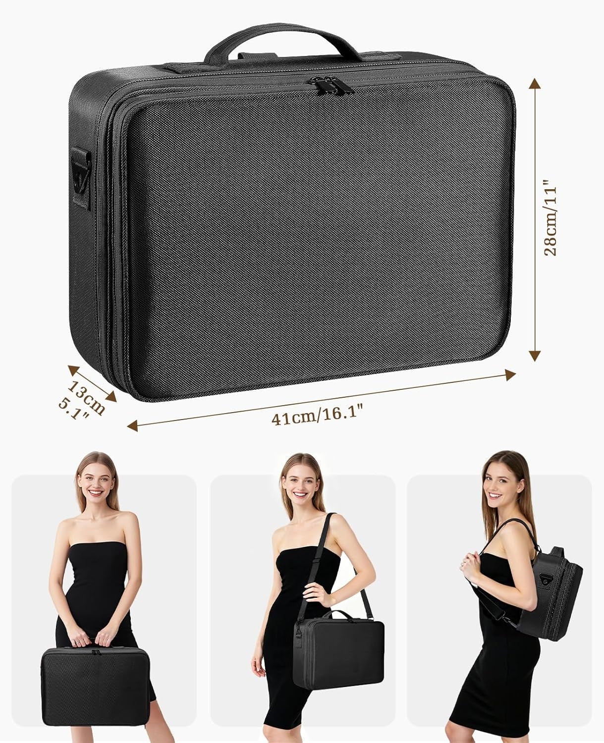 Malette Maquillage, Trousse Maquillage Femme Avec Trois Étages，Portable Avec Miroir Valise Maquillage, Sac De Toilette Pour Femme Avec Compartiment Réglable - Noir
