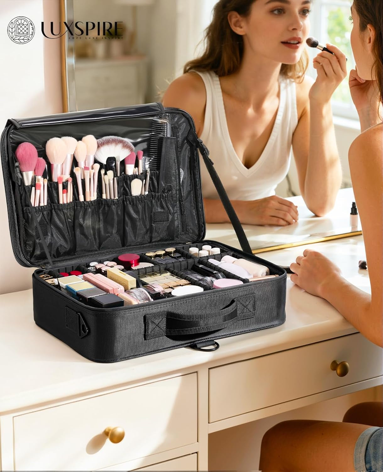 Malette Maquillage, Trousse Maquillage Femme Avec Trois Étages，Portable Avec Miroir Valise Maquillage, Sac De Toilette Pour Femme Avec Compartiment Réglable - Noir