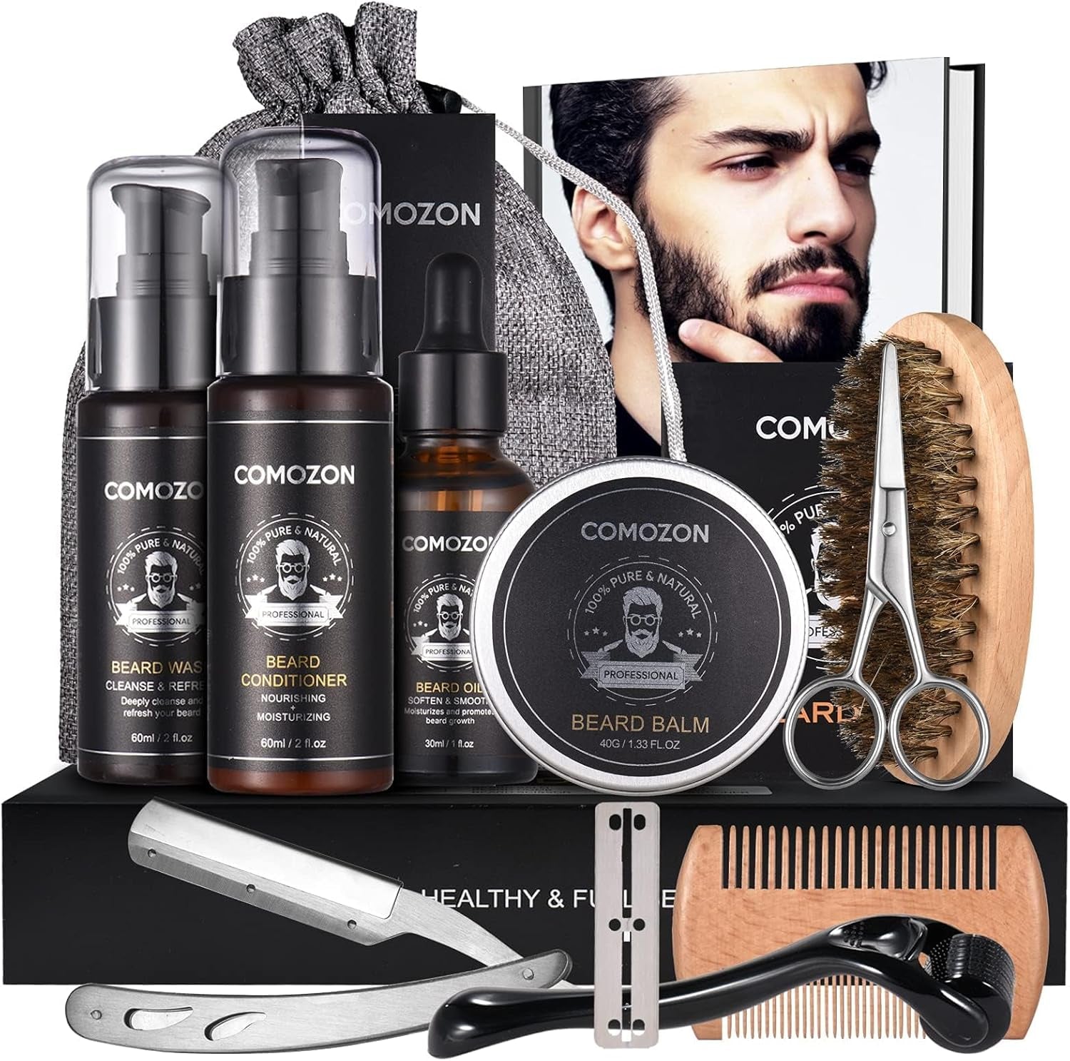Kit Barbe Homme Complet 12 En 1, Kit De Soin Barbe Homme Avec Rouleau Barbe Contenir Huile Barbe, Shampoing Barbe,Crèmes De Barbe, Peigne Barbe,Ciseaux Barbe,Brosse À Barbe, Rasoir, 10 Lames Barbe