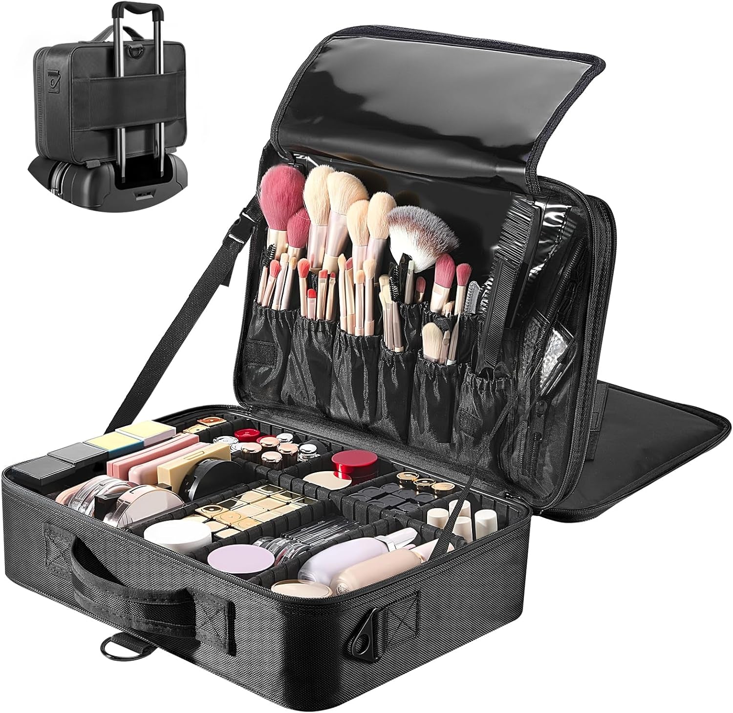 Malette Maquillage, Trousse Maquillage Femme Avec Trois Étages，Portable Avec Miroir Valise Maquillage, Sac De Toilette Pour Femme Avec Compartiment Réglable - Noir