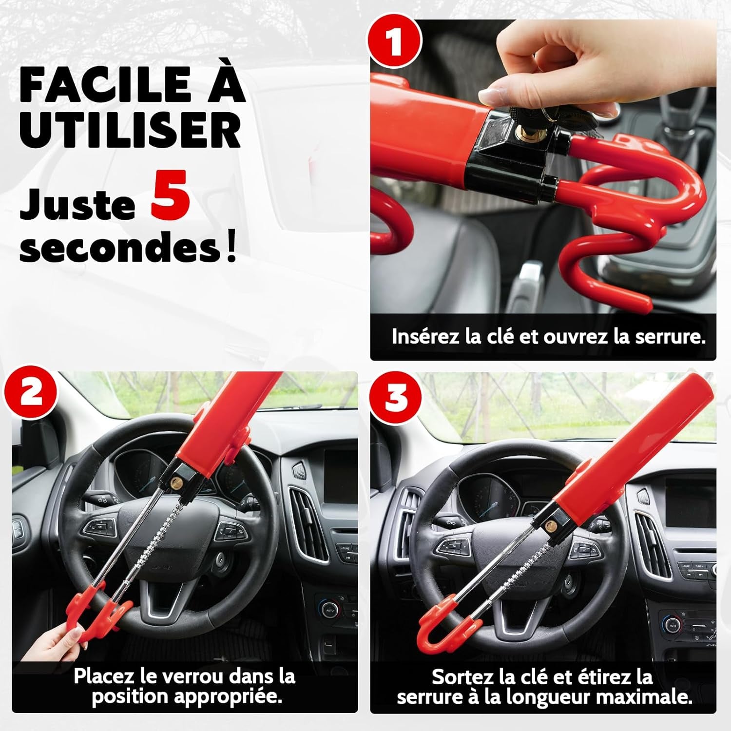 Antivol Voiture, Canne Antivol Voiture, Antivol Volant Voiture, Barre Sécurité Véhicule, Haute Visibilité, Robuste, Ajustement Universel, 3 Clés(Rouge)