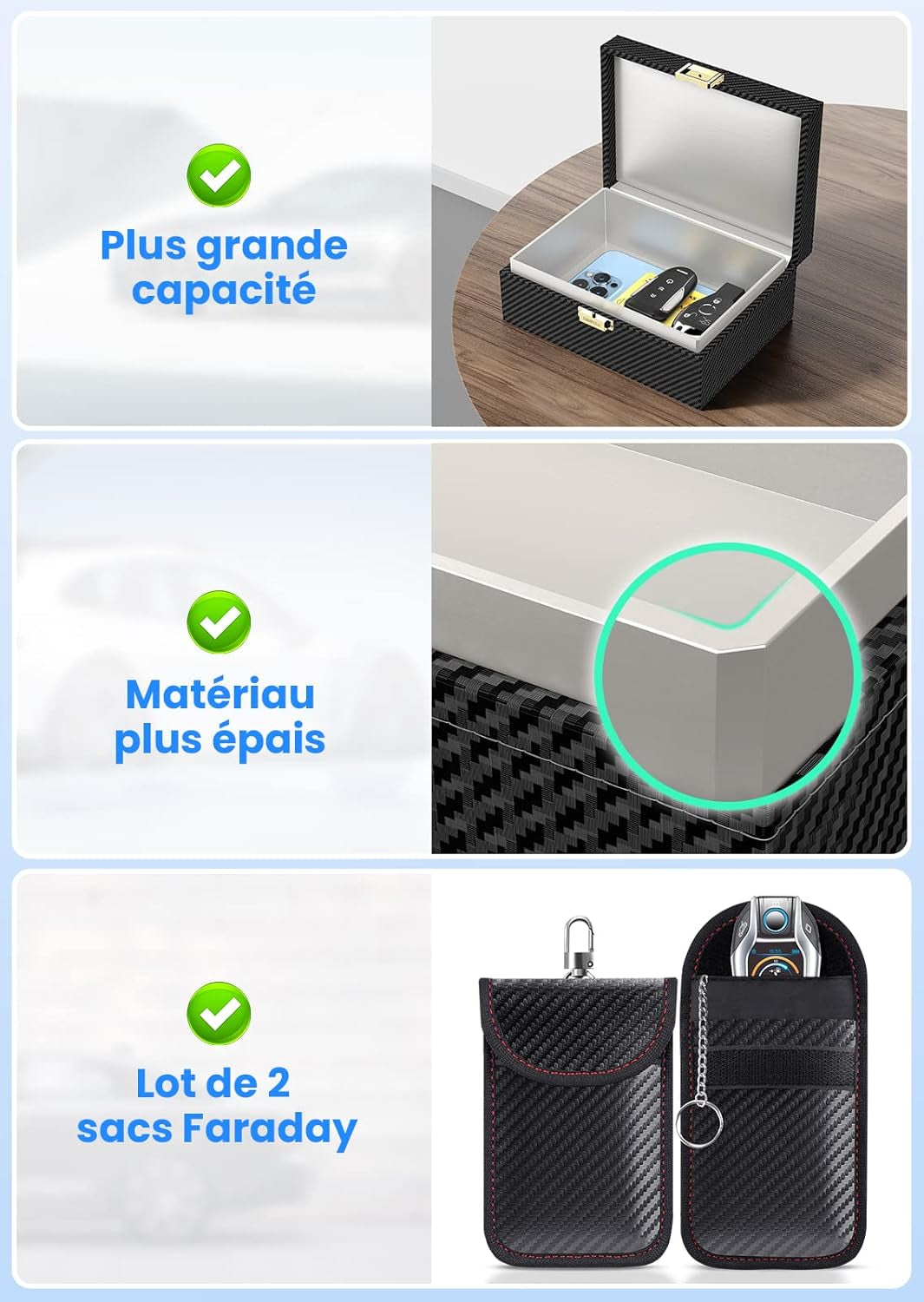 Boîte anti RFID Clé Voiture Ensemble Avec Etui RFID, Boitier Blocage Signal RFID Protection De Sécurité Clé Télécommande Voiture Keyless Go Contre Piratage À Distance Noir (Noir L)