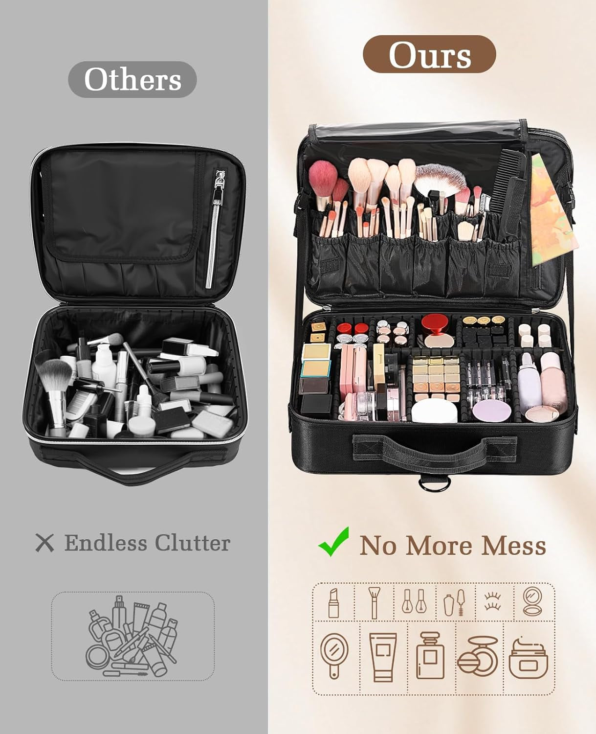 Malette Maquillage, Trousse Maquillage Femme Avec Trois Étages，Portable Avec Miroir Valise Maquillage, Sac De Toilette Pour Femme Avec Compartiment Réglable - Noir